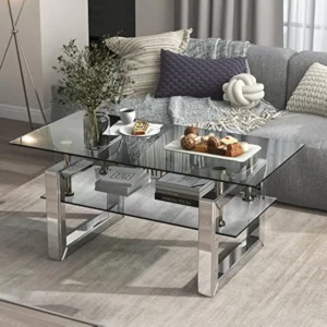 Rectangular Mirrored Glass Mid-Century Modern Coffee Table with Steel Frame