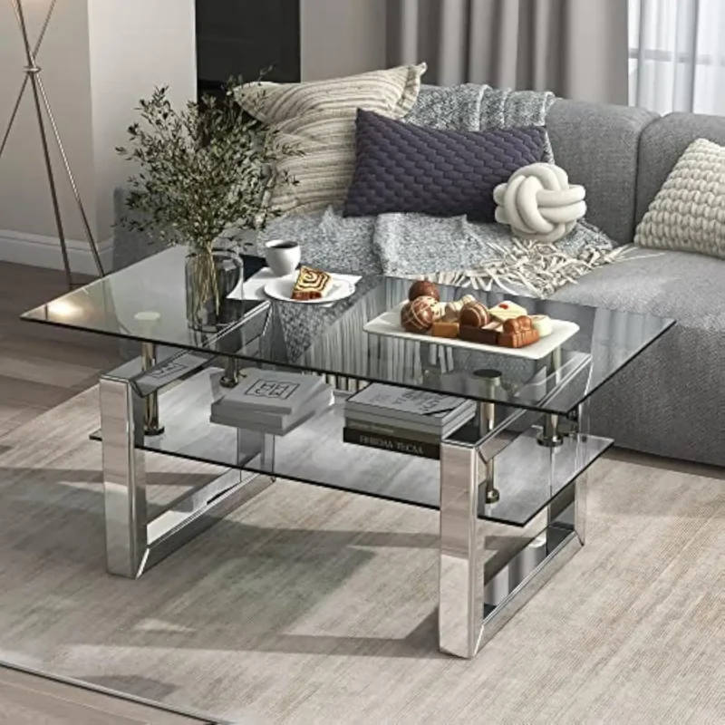 Rectangular Mirrored Glass Mid-Century Modern Coffee Table with Steel Frame