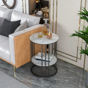 Round White Sintered Stone Two-Tier Side Table with Black Metal Frame