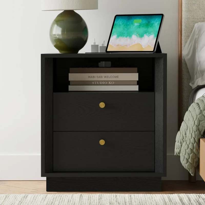 Rectangular Wood Nightstand with Charging Station Mid-Century Modern Bedside Table - Image 7