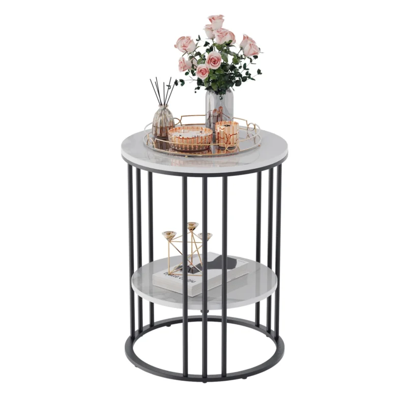 Round White Sintered Stone Two-Tier Side Table with Black Metal Frame - Image 4