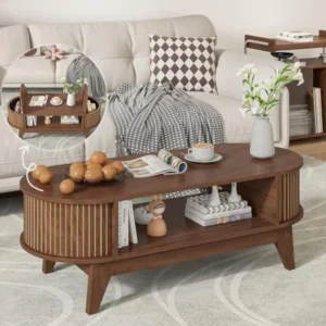 Rectangular Wood Mid-Century Modern Coffee Table with Hidden Storage Compartments