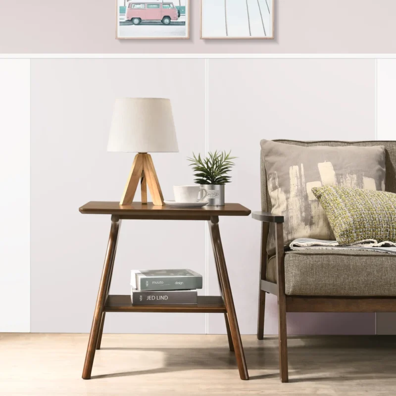 Rectangular Walnut Wood Mid-Century Modern End Table with Storage Shelf - Image 2