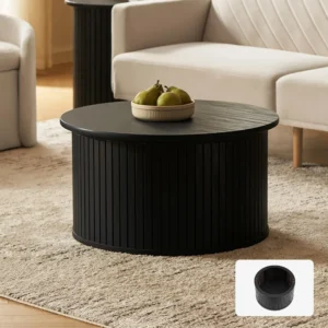 Round Black Wood Mid-Century Modern Storage Coffee Table with Tambour Door