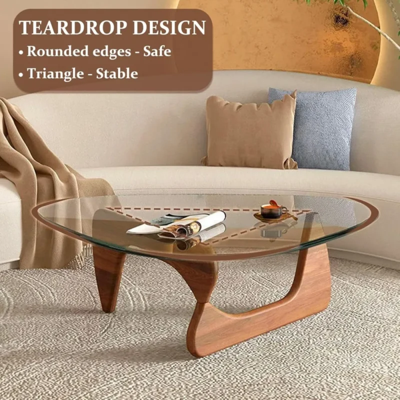 Triangular Tempered Glass Mid-Century Modern Coffee Table with Wooden Base - Image 4