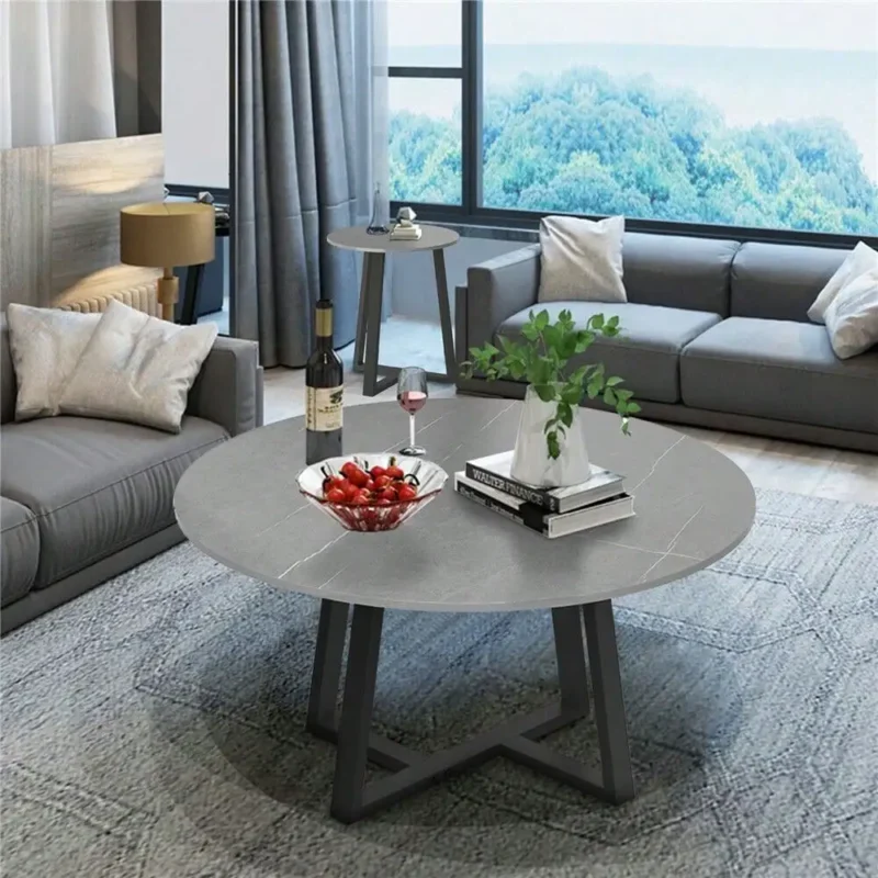 Round Marble Top Nesting Coffee Tables Set with Carbon Steel Base Mid-Century Modern Design - Image 3