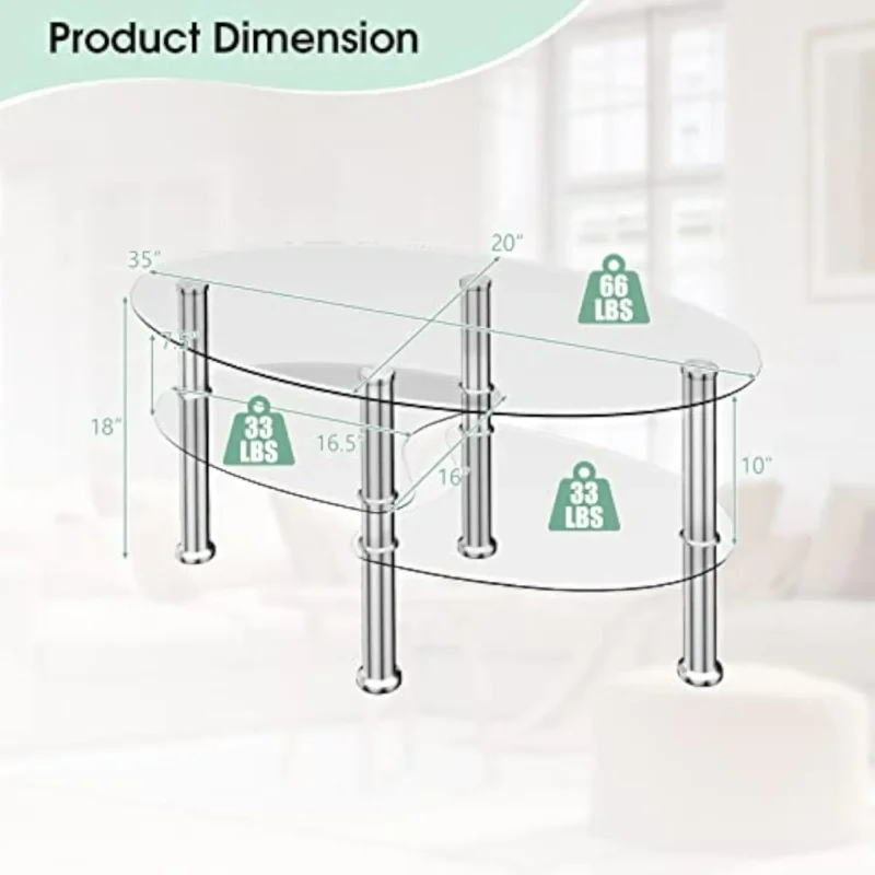 Oval Glass Three-Tier Coffee Table with Metal Legs and Storage Shelves - Image 2