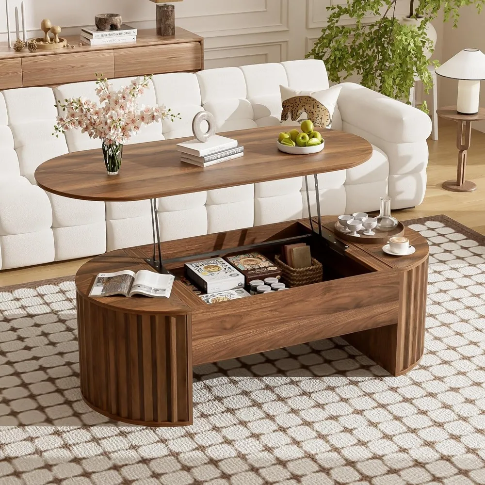 Large mid-century modern coffee table with lift-top functionality displaying practical storage solution