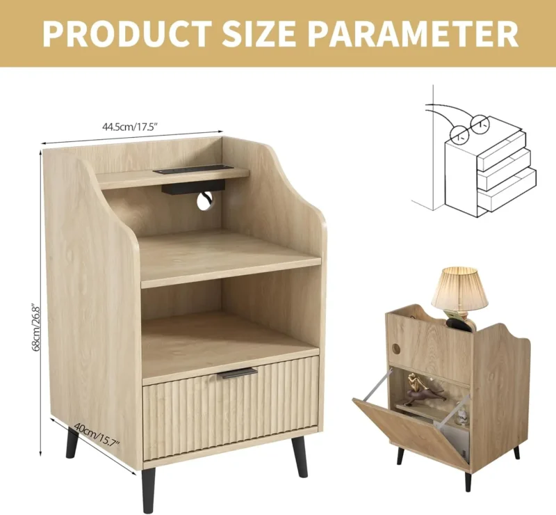 Fluted Wood Nightstand with Charging Station and Storage Drawer - Image 3