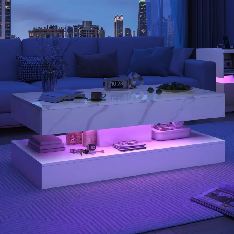 Rectangular LED Coffee Table with Storage Drawers and Double-Layer Design - Image 2