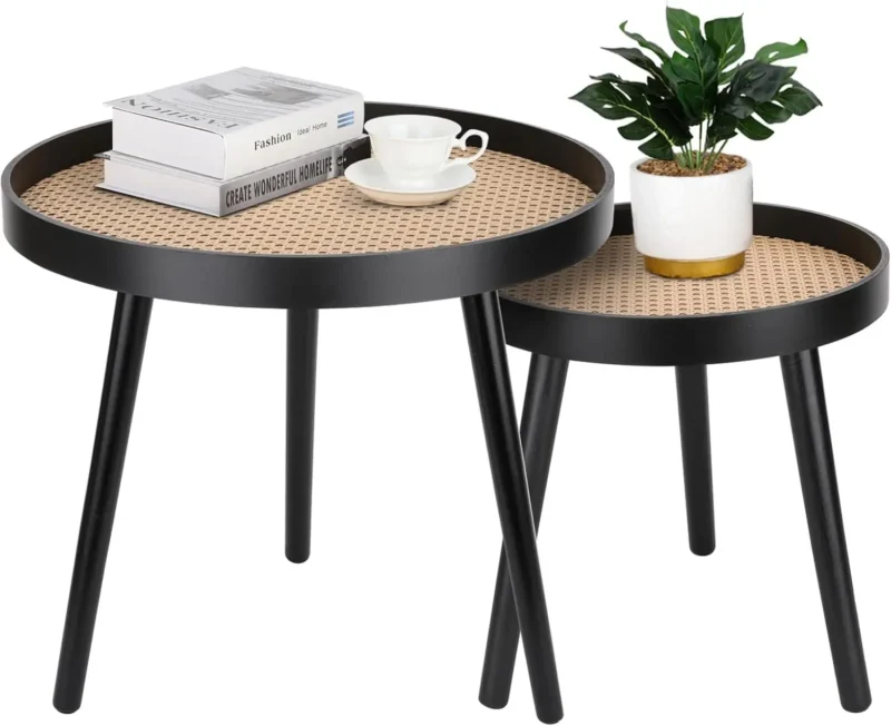 Round Rattan Nesting Coffee Tables Set of 2 Mid-Century Modern Side End Tables - Image 7