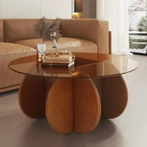 Round Glass Top Mid-Century Modern Coffee Table with Walnut Wood Legs