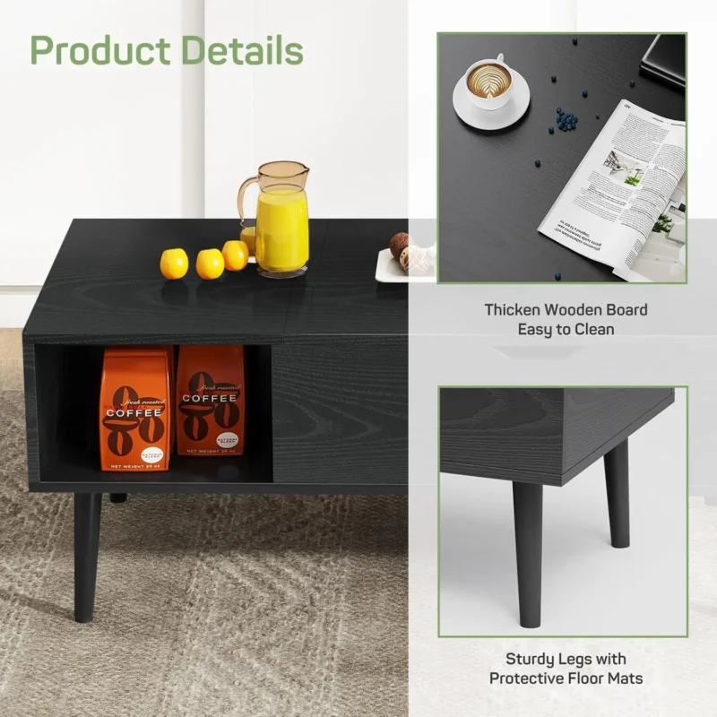 Rectangular Lift Top Mid-Century Modern Coffee Table with Hidden Storage - Image 6