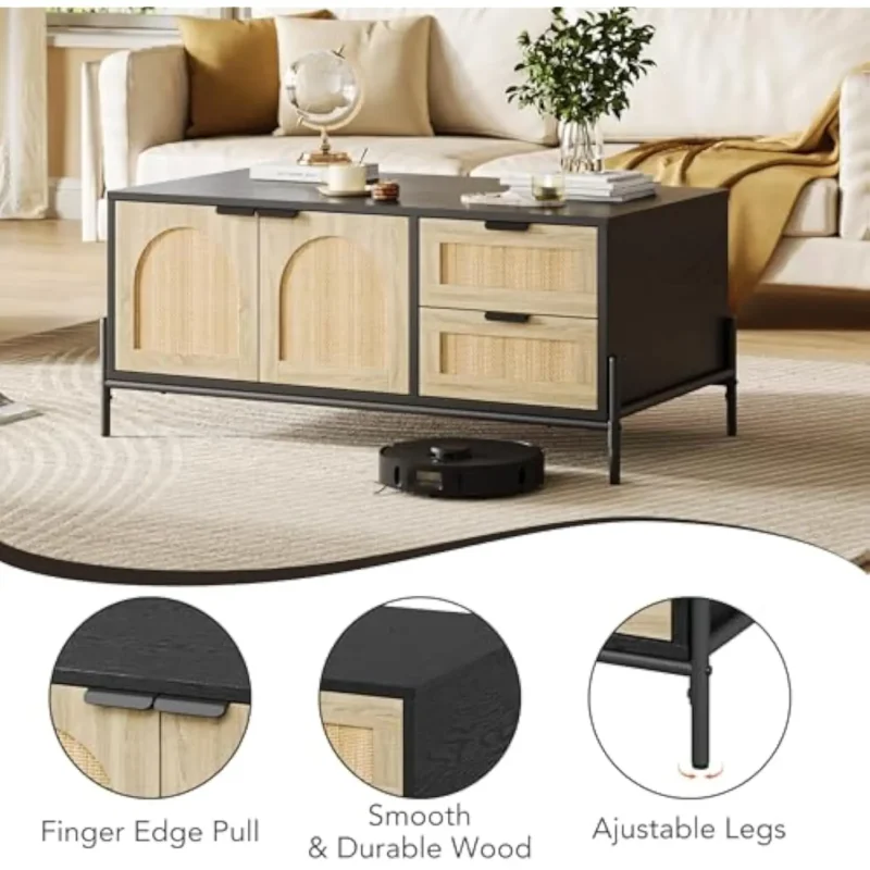 Rectangular Rattan Mid-Century Modern Coffee Table with LED Lights and Storage - Image 6