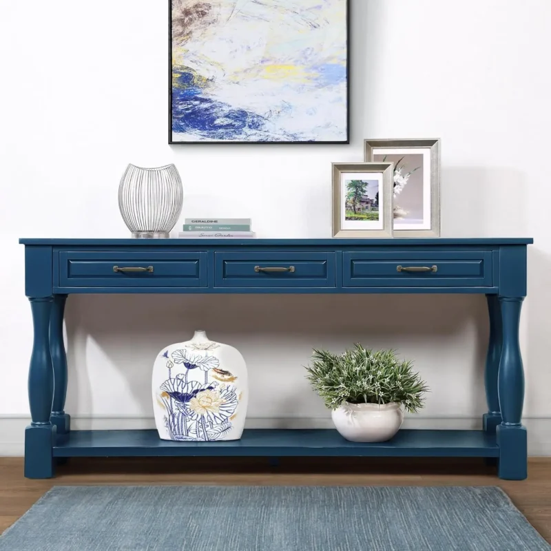 Rectangular Solid Wood Mid-Century Modern Console Table with Storage Drawer and Open Shelf - Image 7