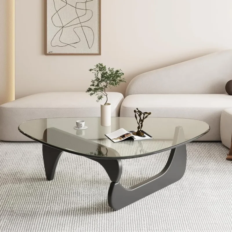 Triangular Glass Mid-Century Modern Coffee Table with Solid Wood Base - Image 6