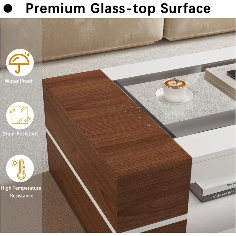 Rectangular Walnut Glass Top Mid-Century Modern Coffee Table with Storage Shelf - Image 3