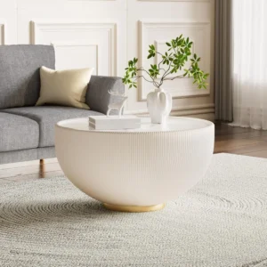Round White Wood Mid-Century Modern Coffee Table with Textured Detail