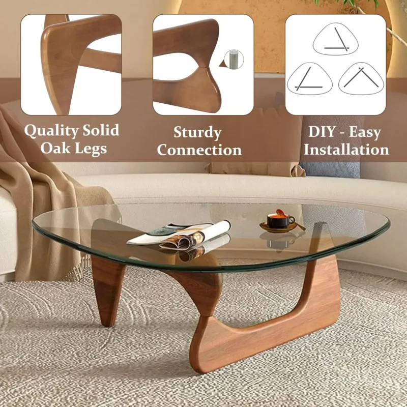 Triangular Glass Mid-Century Modern Coffee Table with Wooden Base - Image 4