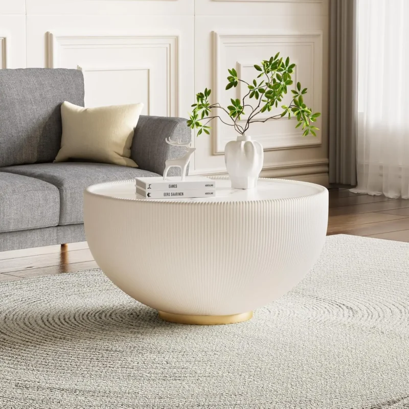 Round White Wood Mid-Century Modern Coffee Table with Textured Detail - Image 8