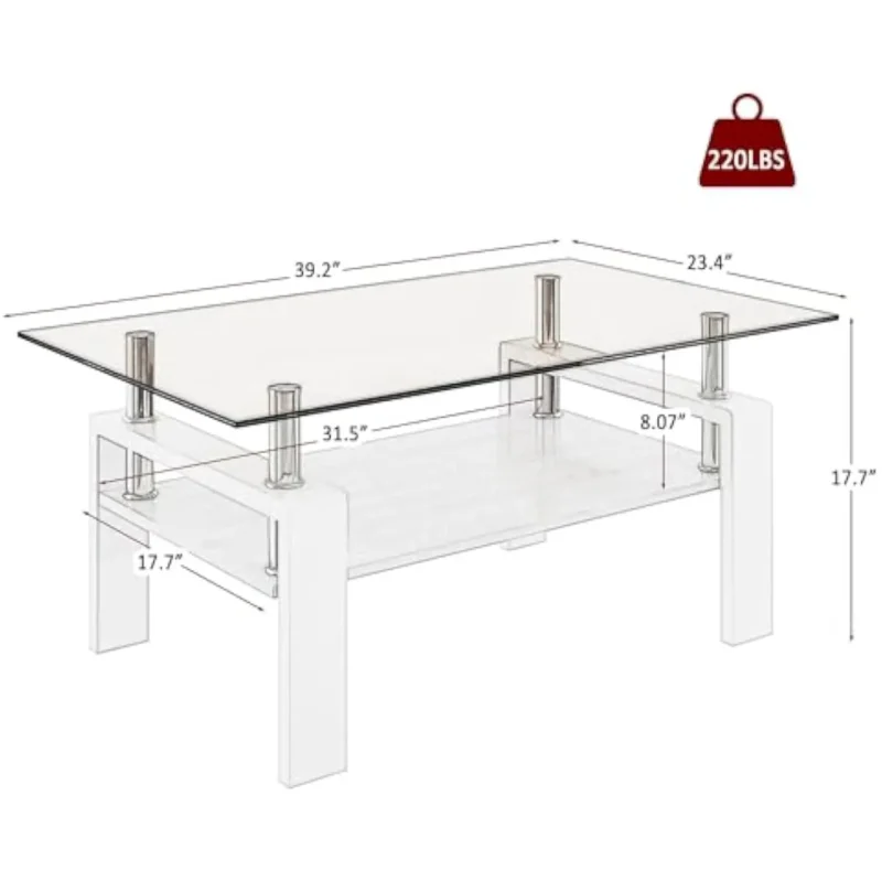 Rectangular Glass Top Mid-Century Modern Coffee Table with Wooden Shelf - Image 2