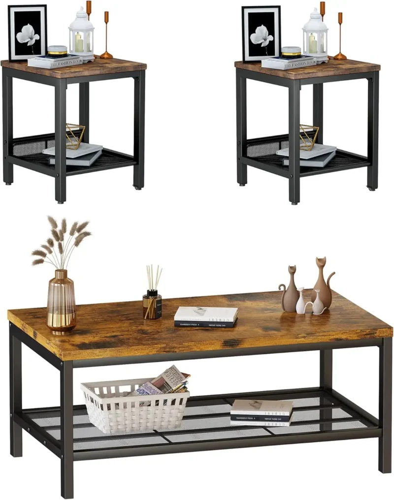 Nested Square Coffee Table Set with 2 Side Tables Modern Industrial Metal Frame - Image 7