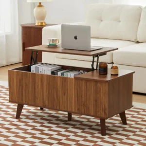 Rectangular Fluted Wood Lift Top Coffee Table with Hidden Storage Compartment