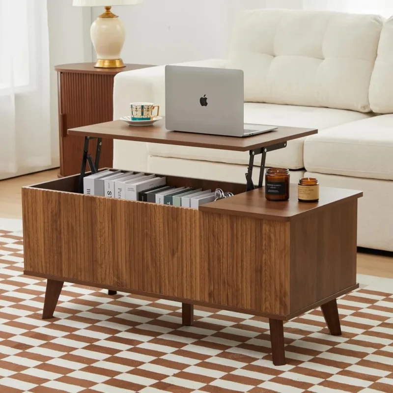 Rectangular Fluted Wood Lift Top Coffee Table with Hidden Storage Compartment