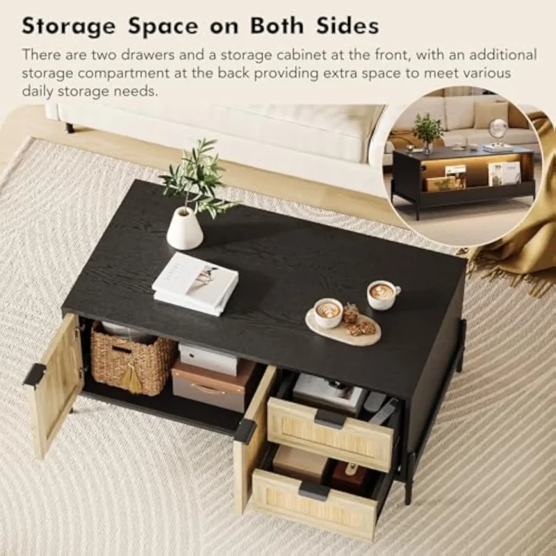 Rectangular Rattan Mid-Century Modern Coffee Table with LED Lights and Storage - Image 3