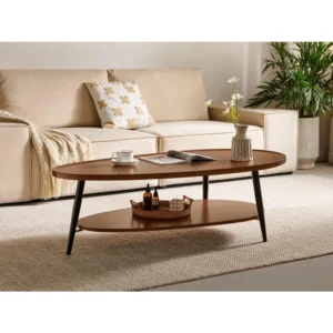 Oval Walnut Engineered Wood Mid-Century Modern Coffee Table with Double Layer Storage