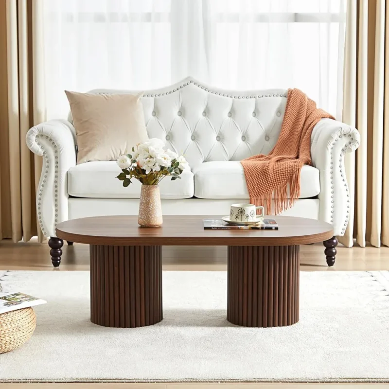 Oval Engineered Wood Mid-Century Modern Coffee Table with Fluted Legs - Image 3