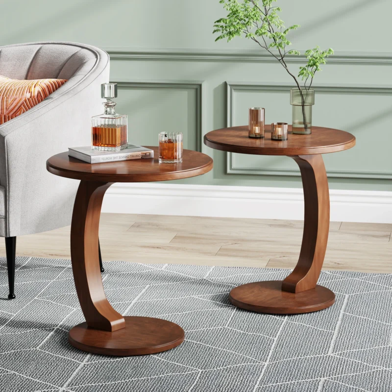 Round Walnut Wood Mid-Century Modern Side Table with C-Shaped Base - Image 5