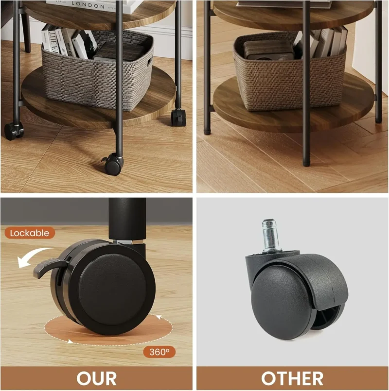 Round 3-Tier Mid-Century Modern Side Table with Wheels for Small Spaces - Image 5