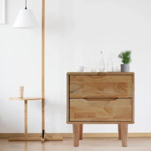 Oak Wood Mid-Century Modern Nightstand with 2 Storage Drawers