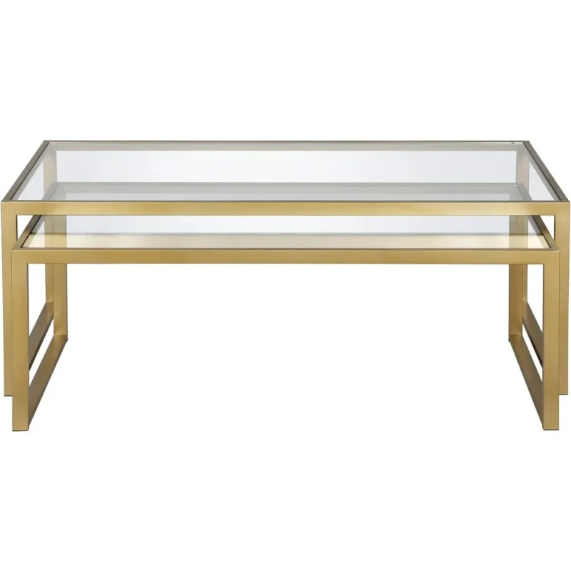 Rectangular Glass Nesting Coffee Table with Brass Metal Frame Mid-Century Modern - Image 5