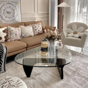 Triangular Glass Mid-Century Modern Coffee Table with Solid Wood Base