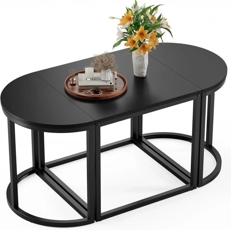 Oval Wooden Mid-Century Modern Coffee Table Set with Metal Frame and 2 Side Tables - Image 7