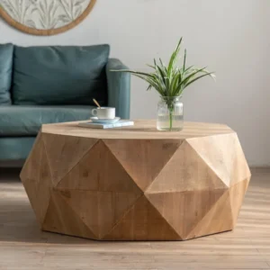 Round Wood Drum Coffee Table with Modern Farmhouse Style 38-inch