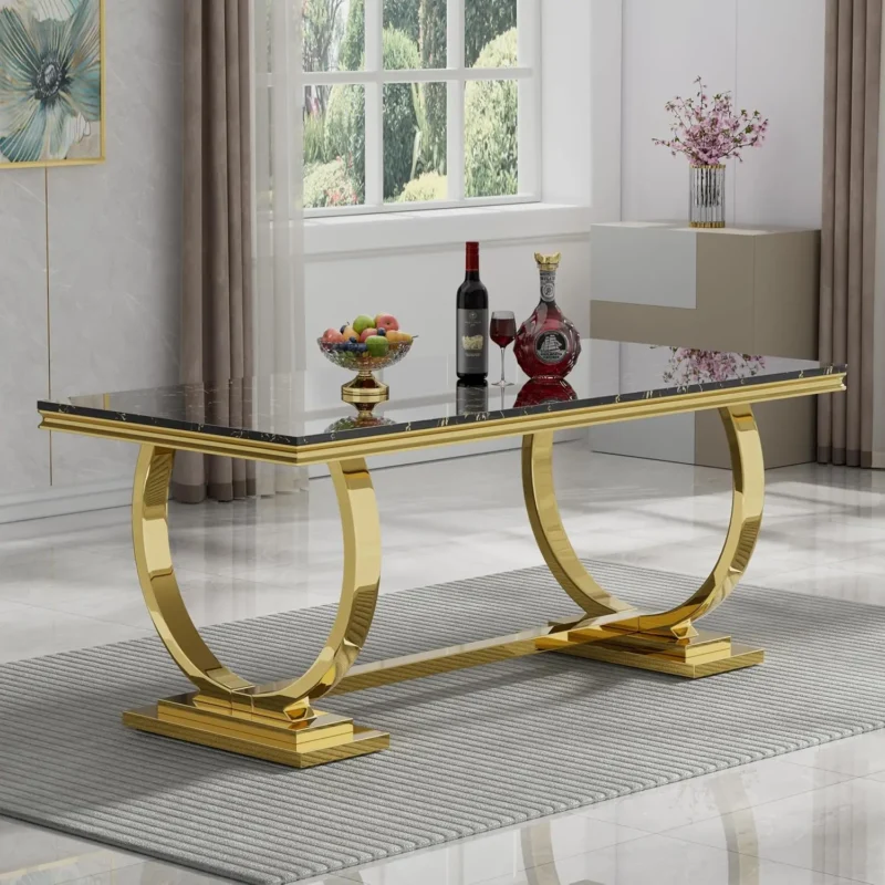 Rectangular White Marble Coffee Table with U-Shaped Stainless Steel Base - Image 9