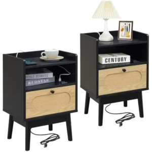Round Rattan Modern Nightstand Set with Charging Station Mid-Century Bedside Tables