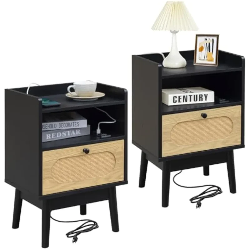 Round Rattan Modern Nightstand Set with Charging Station Mid-Century Bedside Tables