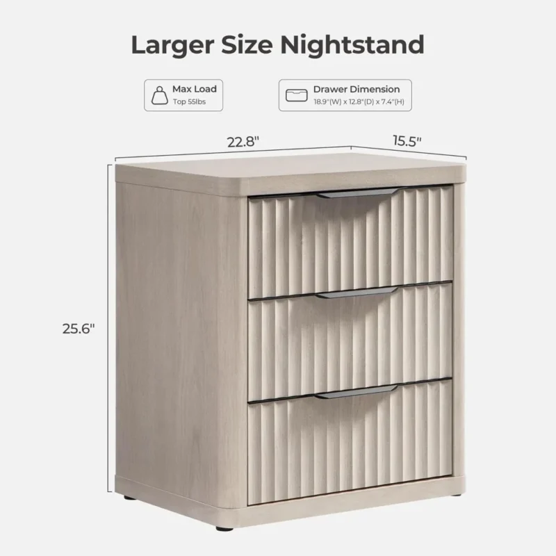 Rectangular Fluted Wood Modern Mid-Century Nightstand with 3 Storage Drawers - Image 2