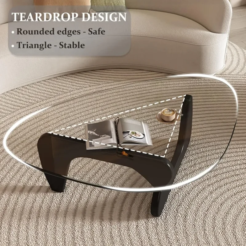 Triangular Glass Mid-Century Modern Coffee Table with Solid Wood Base - Image 5