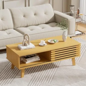 Rectangular Oak Mid-Century Modern Coffee Table with Storage Door