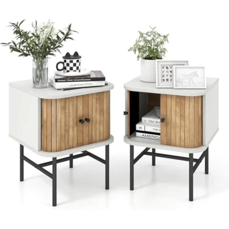 Modern Wood Nightstand Set of 2 Mid-Century Bedside Tables with Sliding Doors
