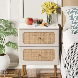 White Rattan Wicker 2-Drawer Nightstand Set Modern Farmhouse Bedside Tables