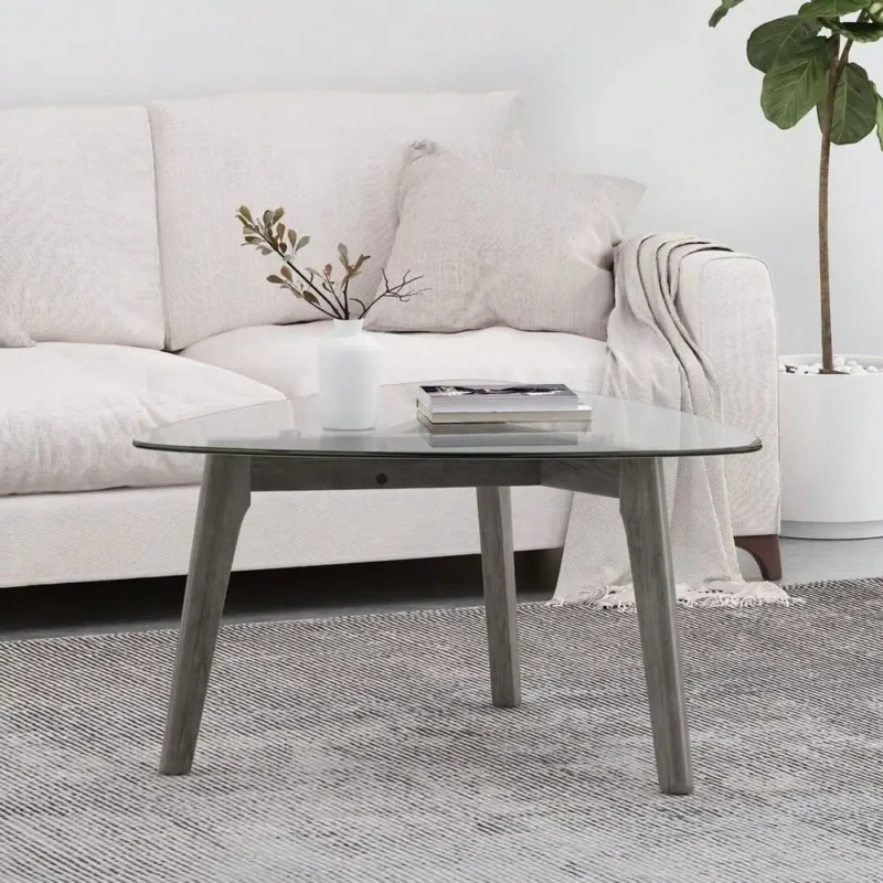 Rectangular Glass Top Mid-Century Modern Coffee Table with Wooden Base - Image 2