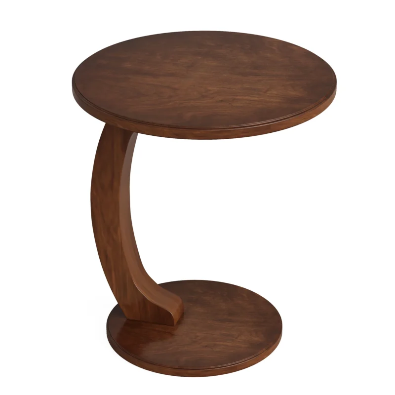 Round Walnut Wood Mid-Century Modern Side Table with C-Shaped Base - Image 7