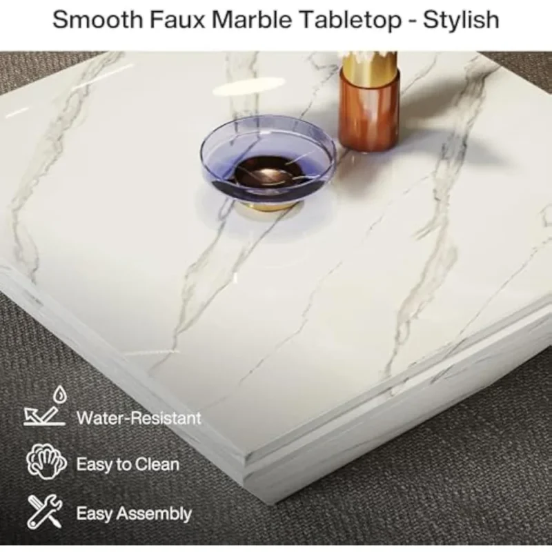 Square Faux Marble Mid-Century Modern Coffee Table with Wooden Base - Image 5