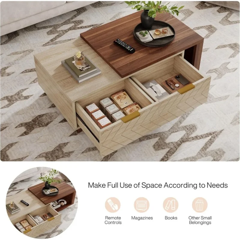 Rectangular Walnut Oak Wood Extendable Coffee Table with Storage Drawers - Image 5